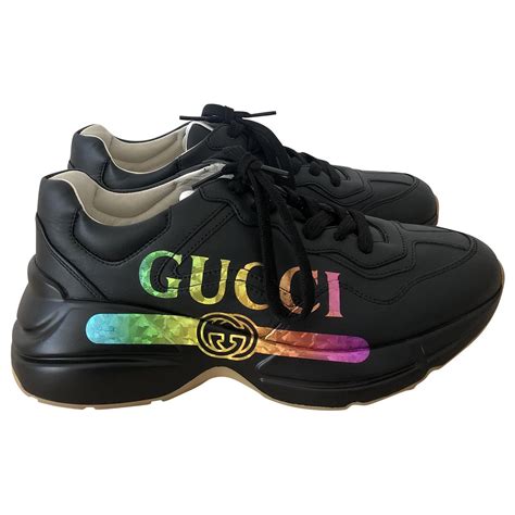 rhyton gucci logo leather sneaker black|Gucci rhyton sneakers mickey mouse.